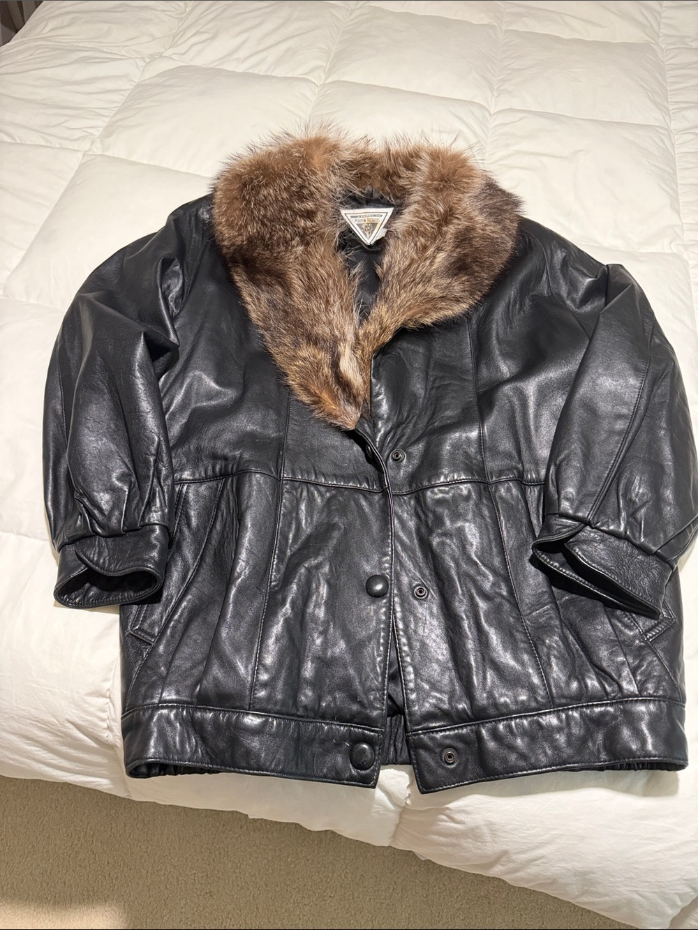 Marvin Richards Black Leather Jacket with Brown Fur Collar